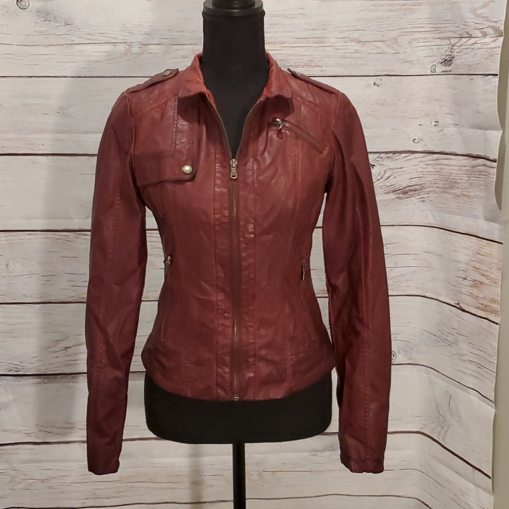 Guess Burgundy Faux Leather Jacket XS
